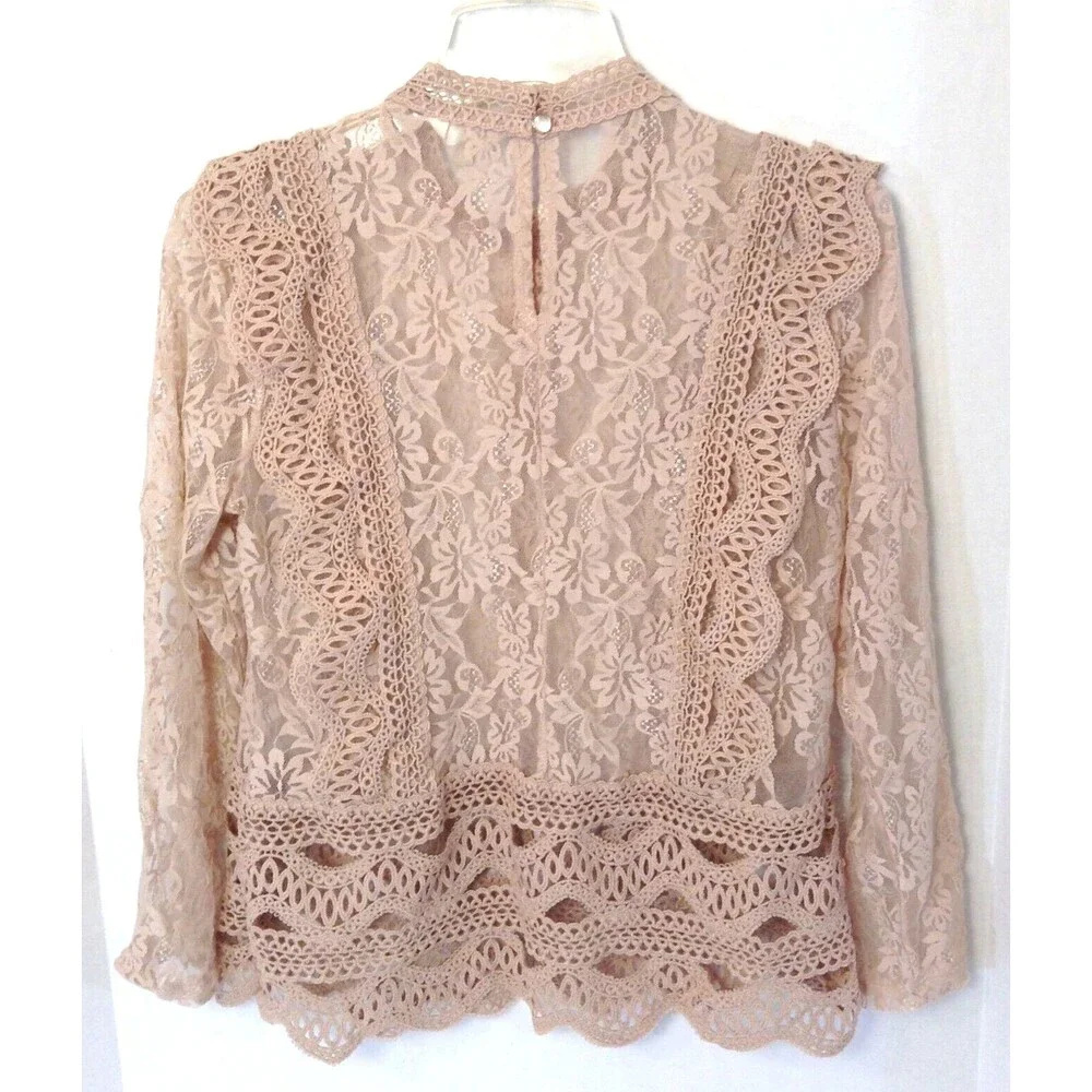 Crochet Lace Embroidered Top Wn S Beige Long Sleeve Blouse Sheer Fairy Boho Y2K